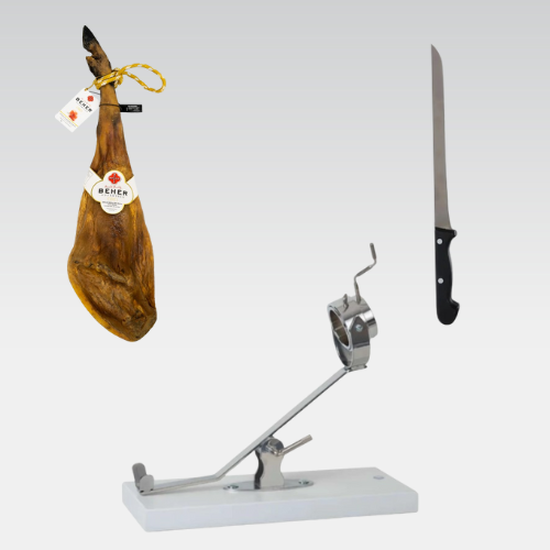 Gourmet Combo: 100% Iberico Acorn-fed Bone-in-ham (Jamón)- 15 to 17 lb + Ham Holder “La Pinta” edition + Cortador Ham Knife