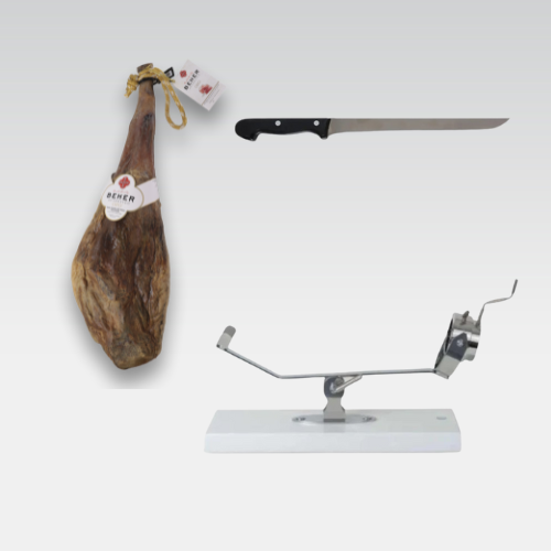 Gourmet Combo: 100% Ibérico Acorn-fed Bone-in-ham (Jamón)- 15 to 17 lb + Ham Holder “La Pinta” edition + Cortador Ham Knife