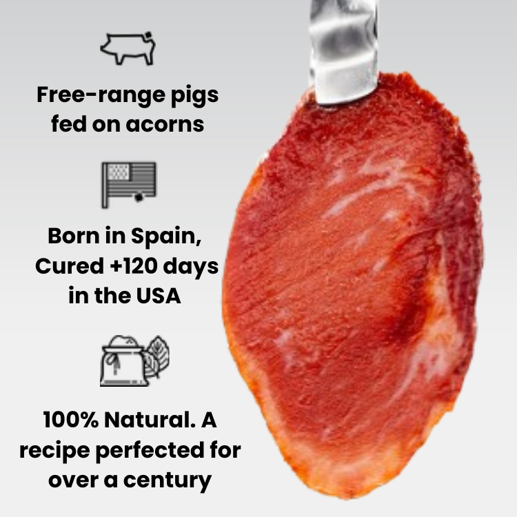 100% Ibérico Acorn-Fed Lomo (Loin) , Aged 120+ Days , Artisan Family Recipe, Only Natural Ingredients,a unique blend of Pimentón de la Vera, garlic, sea salt. Free-Range - 1-1.5 lb