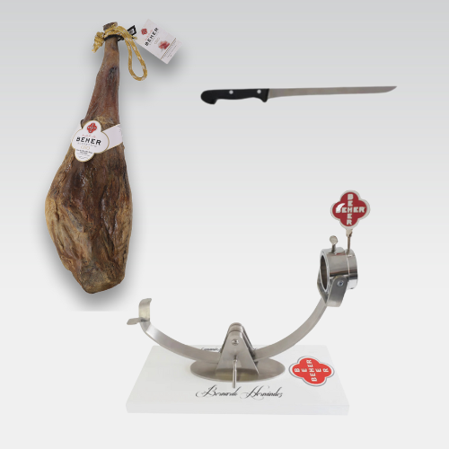 Gourmet Combo: 100% Ibérico Acorn-fed Bone-in-ham (Jamón)- 15 to 17 lb + Ham Holder “La Santa Maria Edition” edition + Cortador Ham Knife