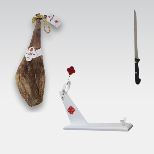 Gourmet Combo: 100% Ibérico Acorn-fed Bone-in-ham (Jamón)- 15 to 17 lb + Ham Holder “la Niña” edition + Cortador Ham Knife