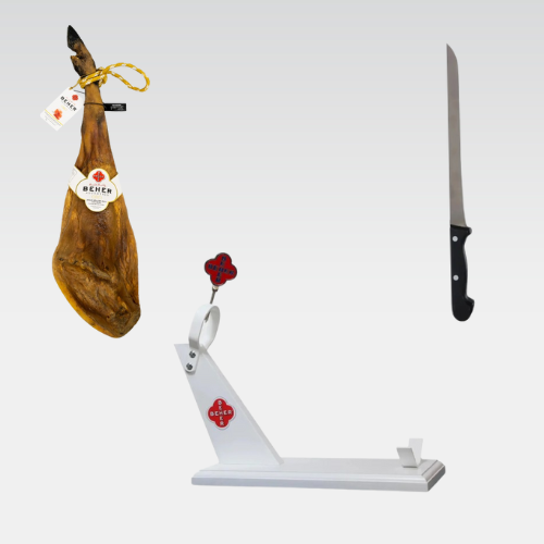 Gourmet Combo: 100% Iberico Acorn-fed Bone-in-ham (Jamón)- 15 to 17 lb + Ham Holder “la Niña” edition + Cortador Ham Knife