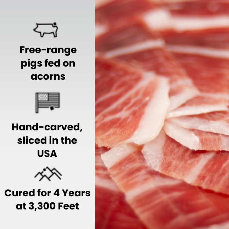 Hand Knife-Sliced Plate 100% Ibérico Ham (Jamón) – World’s Most Awarded, Naturally Cured in Mountains for 4 Years – Plate 3 oz