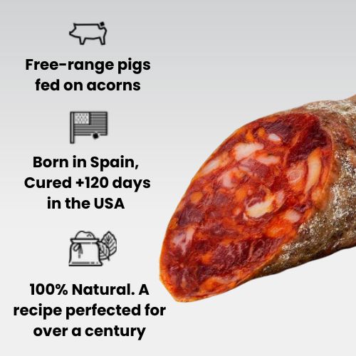 100% Iberico Acorn-Fed Spanish Chorizo, Aged 120+ Days, Artisan Family Recipe, Only Natural Ingredients, Free-Range - 1-1.5 lb